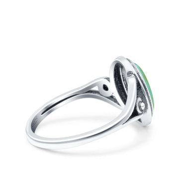 Petite Dainty Oval Vintage Style Ring Oxidized Solid Simulated Turquoise 925 Sterling Silver